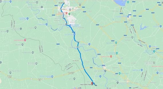 Map leading from Tay Ninh city center to Binh Thanh Ancient Tower